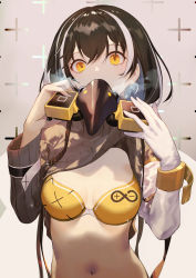 Rule 34 | 1girl, arknights, bikini, black hair, breasts, breath, clothes lift, commentary, elbow gloves, gas mask, gloves, hands up, highres, long sleeves, looking at viewer, magallan (arknights), mask, medium breasts, multicolored hair, navel, orange eyes, ribbed sweater, salmon88, short hair, solo, stomach, streaked hair, sweater, sweater lift, swimsuit, upper body, white gloves, yellow bikini