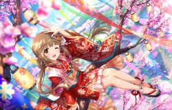 Rule 34 | 1girl, architecture, brown eyes, brown hair, building, cherry blossoms, east asian architecture, game cg, idolmaster, idolmaster cinderella girls, idolmaster cinderella girls starlight stage, japanese clothes, kimono, lantern, official art, one eye closed, open mouth, sandals, sitting, sitting on branch, solo, yorita yoshino