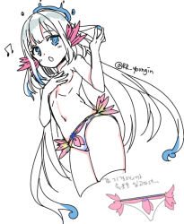 Rule 34 | 1girl, beamed eighth notes, bikini, blue eyes, blush, breasts, covering privates, covering breasts, cropped legs, dutch angle, fins, grey hair, halo, head fins, jin young-in, korean text, lee on, long hair, musical note, nijisanji, nijisanji kr, open mouth, simple background, small breasts, solo, swimsuit, topless, translation request, twitter username, very long hair, virtual youtuber, white background, white bikini