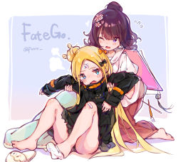 Rule 34 | 2girls, abigail williams (fate), abigail williams (traveling outfit) (fate), arm grab, artist name, bandaid, bandaid on knee, bandaid on leg, barefoot, black hair, black jacket, blonde hair, blue eyes, blush, bow, commentary, copyright name, english commentary, fangs, fate/grand order, fate (series), flower, flying sweatdrops, grabbing, grabbing from behind, hair bow, hair bun, hair flower, hair ornament, heroic spirit traveling outfit, jacket, katsushika hokusai (fate), katsushika hokusai (traveling outfit) (fate), kneeling, multiple girls, official alternate costume, one eye closed, open mouth, paintbrush, purple eyes, signature, single hair bun, sitting, slippers, uchuunin, wavy mouth