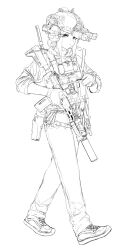 Rule 34 | 1girl, alma01, army, assault rifle, bulletproof vest, combat helmet, denim, ear protection, flashlight, glaring, gloves, greyscale, gun, handgun, headphones, helmet, highres, holding, holding gun, holding weapon, holster, jacket, jeans, long bangs, looking at viewer, military jacket, military uniform, monochrome, night vision device, original, pants, radio antenna, rifle, scope, shoes, sketch, sleeves rolled up, sneakers, strap, suppressor, uniform, watch, weapon, weapon request, white background, wristwatch