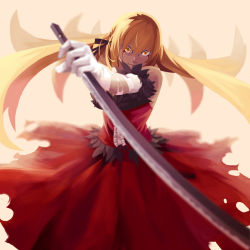 Rule 34 | 1girl, bare shoulders, blonde hair, blood, dress, elbow gloves, gloves, highres, kiss-shot acerola-orion heart-under-blade, long hair, looking at viewer, monogatari (series), orange cassis, oshino shinobu, simple background, solo, sword, weapon, yellow eyes