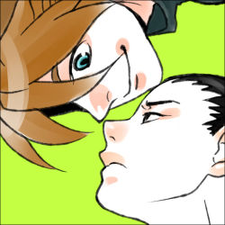 Rule 34 | 2boys, black eyes, black hair, blue eyes, brown hair, chang wufei, duo maxwell, expressionless, eye contact, face, green background, gundam, gundam wing, lips, looking at another, male focus, multiple boys, mzk3, smile