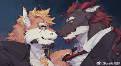 Rule 34 | 2boys, animal ears, bara, chest tuft, couple, destroycode, dragon (any), dragon boy, dragon ears, face-to-face, facial hair, from side, furry, furry male, furry with furry, goatee, highres, jaguar boy, jaguar ears, large pectorals, male focus, mature male, multiple boys, muscular, muscular male, necktie, necktie grab, neckwear grab, noses touching, original, pectorals, profile, romg, romg the jaguar, second-party source, seductive smile, smile, thick eyebrows, upper body, yaoi