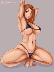 Rule 34 | 1girl, absurdres, armpits, arms behind head, arms up, artist name, bikini, black bikini, boku no hero academia, breasts, brown eyes, brown hair, covered erect nipples, expressionless, eyebrows, eyelashes, female focus, full body, grey background, highres, large breasts, looking at viewer, micro bikini, muscular, muscular female, navel, open mouth, phantomicious, simple background, solo, squatting, swimsuit, thick thighs, thighs, tiptoes, toenails, toes, uraraka ochako