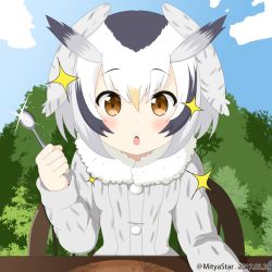 Rule 34 | 10s, 1girl, 2017, :o, artist name, blue sky, blush, chair, cloud, coat, dated, day, feathers, fur collar, gradient hair, hair between eyes, head wings, holding, holding spoon, kemono friends, long sleeves, looking at viewer, mitya, multicolored hair, northern white-faced owl (kemono friends), open mouth, outdoors, plate, short hair, sitting, sky, solo, sparkle, spoon, table, tree, two-tone hair, upper body, white hair, wings