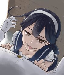 Rule 34 | 10s, 1boy, 1girl, 2016, admiral (kancolle), ahoge, black hair, breasts, brick wall, brown eyes, buttons, cleavage, commentary request, dated, errant, gesugao, gloves, hairband, kantai collection, leaning on person, long hair, looking at viewer, looking up, military, military uniform, naughty face, school uniform, serafuku, smirk, solo focus, tongue, tongue out, uniform, ushio (kancolle), wall
