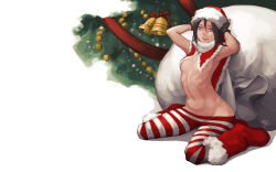 Rule 34 | +21yc (september breeze), 1girl, 21yc (september breeze), blue eyes, breasts, brown hair, christmas, christmas tree, hat, highres, looking at viewer, midriff, navel, original, pantyhose, santa hat, small breasts, smile, solo, striped clothes, striped legwear, striped pantyhose, underboob