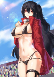Rule 34 | 1girl, ahoge, arm behind back, azur lane, bikini, black bikini, black choker, black hair, blue sky, blush, breasts, choker, cleavage, closed mouth, cloud, commentary request, covered erect nipples, cowboy shot, crowd, day, eyewear on head, glasses, hair between eyes, highleg, highleg bikini, highres, jacket, large breasts, lens flare, light particles, light rays, long hair, long sleeves, looking at viewer, midriff, moroes, multi-strapped bikini bottom, multiple straps, navel, official alternate costume, one side up, outdoors, race queen, red eyes, red jacket, sidelocks, skindentation, sky, solo, standing, strap pull, sunbeam, sunlight, swimsuit, taihou (azur lane), taihou (enraptured companion) (azur lane), thigh strap, underboob, very long hair