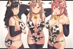 Rule 34 | 3girls, animal ears, animal print, armpits, arms behind head, ass, black hair, breasts, brown eyes, cleavage, collar, cow ears, cow girl, cow horns, cow print, cow print bikini, cowbell, curly hair, glasses, highres, horns, large breasts, light brown hair, long hair, mature female, mole, mole on ass, mole on breast, multiple girls, original, ponytail, print bikini, red hair, ryokucha michi, simple background, thighhighs, thighs