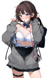 Rule 34 | 1girl, bag, black skirt, blue ribbon, blush, bra, breasts, brown hair, cable, cardigan, cellphone, cleavage, closed mouth, collarbone, cowboy shot, earphones, earrings, frilled bra, frills, grey cardigan, grey shirt, hair ornament, hairclip, hands up, highres, holding, holding bag, jewelry, long sleeves, looking away, looking down, medium breasts, miniskirt, mole, mole under eye, mouth hold, nail polish, open cardigan, open clothes, open shirt, original, phone, pleated skirt, purple hair, red nails, ribbon, ribbon-trimmed bra, school bag, school uniform, shirt, short hair, simple background, skirt, smartphone, solo, stud earrings, thigh strap, underwear, white background, white bra, x hair ornament, xretakex