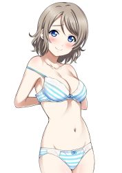 Rule 34 | 10s, 1girl, arms behind back, blue bra, blue eyes, blue panties, blush, bow, bow bra, bow panties, bra, breasts, cleavage, collarbone, cowboy shot, diagonal stripes, groin, highres, light brown hair, looking at viewer, love live!, love live! sunshine!!, medium breasts, navel, panties, sankuro (agoitei), short hair, simple background, smile, solo, strap slip, striped bra, striped clothes, striped panties, swept bangs, thighs, underwear, underwear only, watanabe you, white background
