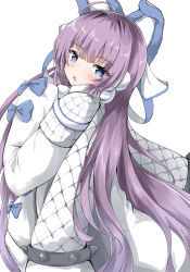 Rule 34 | 1girl, absurdres, azur lane, blue eyes, blush, brown outline, coat, fur collar, hands up, highres, long hair, long sleeves, looking at viewer, looking to the side, moyoron, outline, parted lips, purple hair, simple background, sleeves past fingers, sleeves past wrists, solo, spikes, tashkent (azur lane), very long hair, white background, white coat