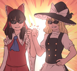 Rule 34 | 2girls, apron, ascot, black hair, blonde hair, bow, detached sleeves, fist bump, gradient background, grin, hair bow, hair ornament, hair ribbon, hair tubes, hakurei reimu, hand on own hip, hat, hat ribbon, japanese clothes, kirisame marisa, long hair, long sleeves, mefomefo, miko, multiple girls, puffy sleeves, ribbon, shirt, short sleeves, skirt, skirt set, smile, sunglasses, touhou, turtleneck, upper body, vest, waist apron, wide sleeves, witch hat
