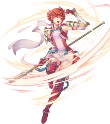 Rule 34 | 1girl, armor, attack, fire emblem, fire emblem fates, fire emblem heroes, full body, gloves, highres, hinoka (fire emblem), nintendo, official art, open mouth, polearm, red eyes, red hair, short hair, simple background, spear, transparent background, weapon, white background