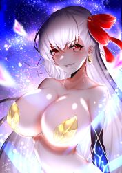 Rule 34 | 1girl, armor, artist request, bare shoulders, bikini armor, blush, breasts, cleavage, collarbone, earrings, fate/grand order, fate (series), grin, hair ribbon, highres, jewelry, kama (fate), kama (third ascension) (fate), large breasts, long hair, looking at viewer, petals, red eyes, ribbon, shiny skin, silver hair, smile