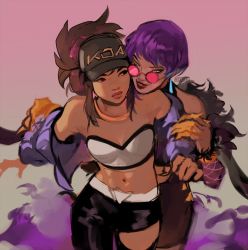 Rule 34 | 2girls, akali, bare shoulders, baseball cap, breasts, brown hair, claws, closed mouth, evelynn (league of legends), eyeshadow, hat, hug, hug from behind, k/da (league of legends), k/da akali, k/da evelynn, league of legends, lips, lipstick, long hair, looking at another, makeup, midriff, multiple girls, pale skin, pink hair, ponytail, short hair, smile, stomach, sunglasses, tinted eyewear, velinxi, yellow eyes, yuri