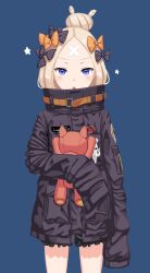 Rule 34 | 1girl, abigail williams (fate), abigail williams (traveling outfit) (fate), absurdres, alternate hairstyle, bandaid, bandaid on face, bandaid on forehead, belt, black bow, black jacket, blonde hair, blue background, blue eyes, blush, bow, fate/grand order, fate (series), forehead, hair bun, high collar, highres, holding, holding stuffed toy, jacket, long hair, looking at viewer, official alternate costume, open mouth, orange bow, parted bangs, polka dot, polka dot bow, sanpeita, simple background, single hair bun, sleeves past fingers, sleeves past wrists, solo, stuffed animal, stuffed toy, teddy bear, thighs