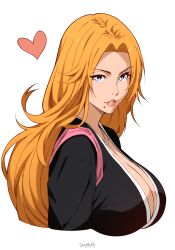 Rule 34 | 1girl, absurdres, artist name, black kimono, bleach, blue eyes, breasts, cleavage, commentary, from side, heart, highres, huge breasts, japanese clothes, jewelry, kimono, large breasts, lips, long hair, looking at viewer, matsumoto rangiku, mole, mole under mouth, necklace, orange hair, parted bangs, parted lips, sanpaku, simple background, smile, solo, stayaliveplz, upper body, v-shaped eyebrows, white background