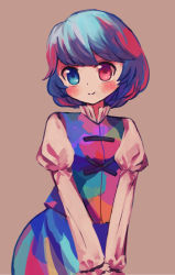 Rule 34 | 1girl, blue hair, brown background, child, closed mouth, commentary request, cross, heterochromia, highres, juliet sleeves, long sleeves, looking at viewer, multicolored clothes, multicolored hair, puffy long sleeves, puffy sleeves, puroshimin, shirt, short hair, simple background, skirt, smile, solo, tatara kogasa, touhou, upper body
