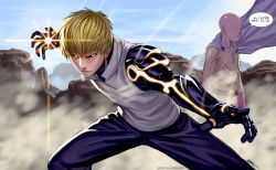 Rule 34 | 2boys, absurdres, bald, belt, black sclera, blonde hair, blouse, blue cape, blue pants, cape, closed mouth, colored sclera, commentary request, cyborg, day, dust, frown, genos, gloves, highres, long sleeves, looking at another, looking at viewer, male focus, mechanical arms, multiple boys, one-punch man, outdoors, pants, parted lips, red gloves, rejean dubois, saitama (one-punch man), shirt, short sleeves, signature, single mechanical arm, speech bubble, translation request, twitter username, white shirt, yellow eyes, yellow pants, yellow shirt