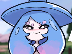 Rule 34 | 1girl, :&gt;, black sclera, blue hair, blue hat, blue theme, blurry, blurry background, blush, closed mouth, colored sclera, colored skin, creatures (company), day, embarrassed, female focus, game freak, gen 8 pokemon, gradient hair, hat, hatterene, long hair, looking at viewer, multicolored hair, nintendo, nose blush, outdoors, pink hair, pokemon, pokemon (creature), sidelocks, sketch, solo, straight-on, two-tone hair, upper body, white eyes, white skin, witch hat, yellowparrot