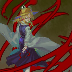 Rule 34 | 1girl, arms at sides, blonde hair, character name, closed mouth, from behind, glowing, glowing eyes, hair ribbon, half-closed eye, hat, inishie kumo, long sleeves, looking at viewer, looking back, medium hair, moriya suwako, one-hour drawing challenge, purple eyes, purple skirt, purple vest, red ribbon, ribbon, shirt, skirt, solo, standing, straw hat, touhou, vest, white shirt, wide sleeves