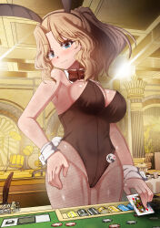 Rule 34 | 1girl, animal ears, black leotard, blonde hair, blue eyes, blush, bow, bowtie, breasts, card, cleavage, closed mouth, fake animal ears, fake tail, fishnet pantyhose, fishnets, girls und panzer, highres, kay (girls und panzer), large breasts, leotard, long hair, looking at viewer, megadeko, pantyhose, playboy bunny, playing card, rabbit ears, rabbit tail, red bow, red bowtie, smile, solo, tail