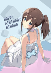 Rule 34 | 1girl, arm support, bare legs, brown hair, cube, dress, gloves, grey gloves, happy birthday, highres, idolmaster, idolmaster million live!, looking at viewer, looking back, looking up, mikaze takashi, ponytail, satake minako, shoulder blades, sleeveless, sleeveless dress, smile, solo