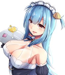 Rule 34 | 1girl, :d, azur lane, bare shoulders, blue hair, blue ribbon, breasts, clam, cleavage, cocktail glass, collarbone, condom, condom wrapper, covered erect nipples, cup, drink, drinking glass, food, fruit, hair ornament, highres, holding, large breasts, lemon, lemon slice, long hair, looking at viewer, maid headdress, mistynight, neptune (azur lane), open mouth, orange eyes, ribbon, saucer, see-through, smile, solo, two side up, upper body