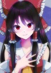 Rule 34 | 1girl, ascot, bare shoulders, black hair, bow, breasts, closed mouth, collarbone, detached sleeves, fingernails, frilled bow, frilled hair tubes, frilled shirt collar, frills, hair bow, hair tubes, hakurei reimu, hand up, head tilt, highres, kisaragi koushi, large breasts, light blush, long hair, looking at viewer, medium breasts, nontraditional miko, purple hair, red bow, red eyes, ribbon-trimmed sleeves, ribbon trim, simple background, smile, solo, touhou, yellow ascot