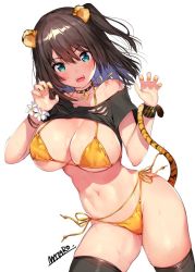 Rule 34 | 1girl, animal ears, aqua eyes, artist name, bikini, blush, bracelet, breasts, brown hair, choker, claw pose, cowboy shot, fangs, groin, heart, heart choker, jewelry, large breasts, long hair, looking at viewer, mataro (matarou), navel, one side up, open mouth, original, side-tie bikini bottom, sidelocks, simple background, skindentation, solo, stomach, swimsuit, tail, thighhighs, thighs, torn clothes, white background, wristband, yellow bikini