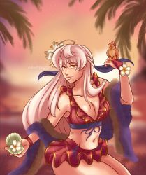 Rule 34 | 1girl, bikini, bird, breasts, cleavage, fire emblem, fire emblem: radiant dawn, large breasts, looking at viewer, micaiah (fire emblem), nintendo, smile, solo focus, swimsuit, white hair, yune (fire emblem)
