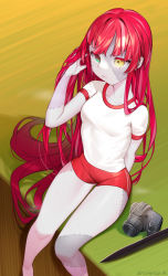 Rule 34 | 1girl, alternate costume, camera, colored skin, grey skin, gym shirt, gym shorts, gym uniform, hair down, hair flip, heterochromia, highres, hololive, hololive indonesia, kureiji ollie, long hair, multicolored hair, multicolored skin, patchwork skin, pink hair, red eyes, red hair, red shorts, shirt, short shorts, short sleeves, shorts, sitting, solo, stitched face, stitches, sweat, sword, thighs, tungsten (kwfr4544), twitter username, two-tone skin, very long hair, virtual youtuber, weapon, white shirt, yellow eyes, zombie