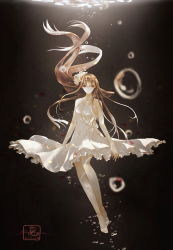 Rule 34 | 10s, 1girl, air bubble, akagi (kancolle), alternate costume, arms at sides, bare shoulders, barefoot, bride, brown hair, bubble, closed mouth, dress, floating hair, flower, full body, hair between eyes, hair flower, hair ornament, kantai collection, long hair, looking at viewer, nmttak, signature, smile, solo, strapless, strapless dress, underwater, very long hair, wedding dress, white dress