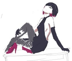 Rule 34 | 10s, 1girl, alternate costume, backless outfit, black dress, black gloves, black hair, black pantyhose, breasts, cleavage, colored inner hair, dress, elbow gloves, empty eyes, gloves, head tilt, high heels, highres, j adsen, looking at viewer, monogatari (series), multicolored hair, oshino ougi, owarimonogatari, pantyhose, sideboob, simple background, sitting, sketch, small breasts, smile, solo, two-sided fabric, two-sided skirt