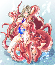 Rule 34 | 1girl, aa megami-sama, belldandy, bestiality, blush, breasts, brown hair, facial mark, female pubic hair, forehead mark, highres, kon-kit, large breasts, long hair, octopus, one-piece swimsuit, pubic hair, rape, solo, swimsuit, tentacle sex, tentacles, torn clothes, torn swimsuit