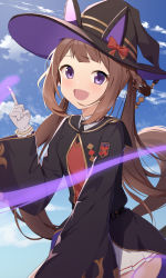 Rule 34 | 1girl, absurdres, animal ears, animal hat, black hat, black jacket, black necktie, blue sky, bow, braid, braided hair rings, brown hair, cloud, collared shirt, commentary request, day, fake animal ears, gloves, hair rings, hat, highres, horse ears, horse tail, index finger raised, jacket, long hair, long sleeves, looking at viewer, necktie, ohihil, outdoors, pleated skirt, purple eyes, red bow, shirt, skirt, sky, solo, sweater vest, sweep tosho (umamusume), tail, twintails, umamusume, very long hair, white gloves, white shirt, white skirt, wide sleeves, witch hat