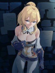 Rule 34 | 1girl, against wall, bare shoulders, blonde hair, blue eyes, blue gloves, breasts, cleavage, clenched teeth, cowboy shot, detached collar, elbow gloves, genshin impact, gloves, highres, jean (genshin impact), kenkano, large breasts, long hair, looking at viewer, pants, parted lips, ponytail, sidelocks, solo, strapless, teeth, v-shaped eyebrows, white pants