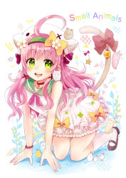 Rule 34 | 1girl, absurdres, all fours, blush, bow, cat tail, choker, english text, full body, green eyes, highres, long hair, looking at viewer, mary janes, niikura kaori, open mouth, original, pink hair, shoes, skirt, smile, solo, tail, tail bow, tail ornament