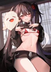 Rule 34 | 1girl, bikini, bikini top only, black nails, blurry, blurry background, blush, boo tao (genshin impact), breasts, brown hair, brown shorts, cropped hoodie, drawstring, flower, flower-shaped pupils, genshin impact, grin, groin, hair between eyes, hair flower, hair ornament, hands up, highres, hood, hoodie, hu tao (genshin impact), indoors, long hair, long sleeves, looking at viewer, medium breasts, nail polish, navel, plum blossoms, red bikini, red eyes, satoupote, short shorts, shorts, sitting, smile, solo, stomach, swimsuit, symbol-shaped pupils, thighs, twintails, very long hair