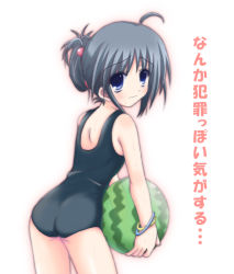 Rule 34 | 1girl, ahoge, food, from behind, fruit, holding, holding food, holding fruit, one-piece swimsuit, school swimsuit, solo, swimsuit, tatsuhiko, watermelon