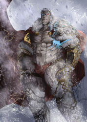 Rule 34 | 1boy, abs, absurdres, armor, bara, cape, character request, cryokinesis, eye trail, facial hair, feet out of frame, fur trim, gauntlets, glaring, goatee, gradient skin, highres, itaru (kidomh63), large pectorals, leg belt, light trail, loincloth, looking at viewer, male focus, mature male, mismatched pupils, muscular, muscular male, navel, pauldrons, pectorals, red cape, short hair, shoulder armor, shredded muscles, single pauldron, slit pupils, snowing, snowstorm, solo, standing, thick eyebrows, thick thighs, thighs, thunder, tokyo houkago summoners, white armor