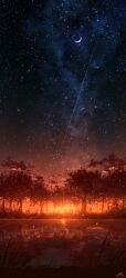 Rule 34 | absurdres, chinese commentary, cloud, commentary request, crescent moon, forest, highres, moon, nature, night, no humans, original, outdoors, rune xiao, scenery, signature, sky, star (sky), starry sky, still life, sunset, tree