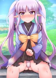 Rule 34 | 1girl, blunt bangs, blush, clothes lift, day, gluteal fold, ikue fuuji, kyoka (princess connect!), lifting own clothes, long hair, looking at viewer, outdoors, panties, pointy ears, princess connect!, purple eyes, purple hair, skirt, skirt lift, solo, spread legs, sweat, tree, twintails, underwear, very long hair