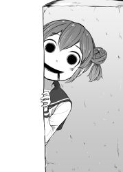 Rule 34 | 1girl, 4shi, bags under eyes, commentary request, dango-chan (4shi), drooling, greyscale, hair bun, hand up, highres, hollow eyes, long sleeves, looking at viewer, monochrome, open mouth, optical illusion, original, peeking out, sailor collar, school uniform, serafuku, shirt, short hair, smile, solo