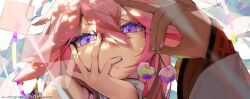 Rule 34 | 1girl, absurdres, animal ears, bare shoulders, cherry, earrings, finger to mouth, floppy ears, food, fox ears, fruit, genshin impact, hair between eyes, highres, japanese clothes, jewelry, long hair, looking at viewer, low-tied long hair, monosucre, nontraditional miko, pink hair, purple eyes, solo, turtleneck, yae miko