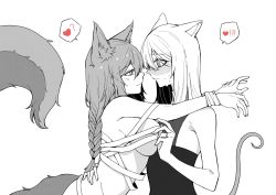 Rule 34 | 2girls, @ @, animal ears, arknights, bandages, bare shoulders, blush, braid, breast press, breasts, drlee lili, eye contact, face-to-face, greyscale, heart, highres, hug, large breasts, large tail, long hair, looking at another, monochrome, mouse ears, mouse girl, mouse tail, multiple girls, naked bandage, provence (arknights), scavenger (arknights), shirt, simple background, sleeveless, sleeveless shirt, speech bubble, spoken heart, sweat, tail, white background, wolf ears, wolf girl, wolf tail, yuri