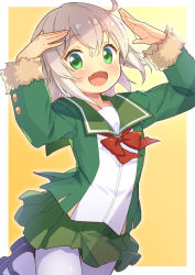 Rule 34 | 1girl, :d, arms up, black footwear, blush, bow, commentary request, fur-trimmed sleeves, fur trim, green eyes, green jacket, green sailor collar, green skirt, grey hair, grey pantyhose, hair between eyes, jacket, jigatei (omijin), kantai collection, long sleeves, looking at viewer, open mouth, pantyhose, pleated skirt, red bow, sailor collar, school uniform, serafuku, shimushu (kancolle), shimushu pose, shirt, shoes, skirt, smile, solo, white shirt