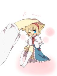 Rule 34 | 1girl, alice margatroid, animal ears, blonde hair, blue dress, blue eyes, blush, bow, capelet, cat ears, cat girl, cat tail, dress, female focus, hairband, hand on another&#039;s head, headpat, heart, kemonomimi mode, mini person, minigirl, one eye closed, open mouth, sash, sitting, smile, solo focus, tail, touhou, tsuno no hito, wink